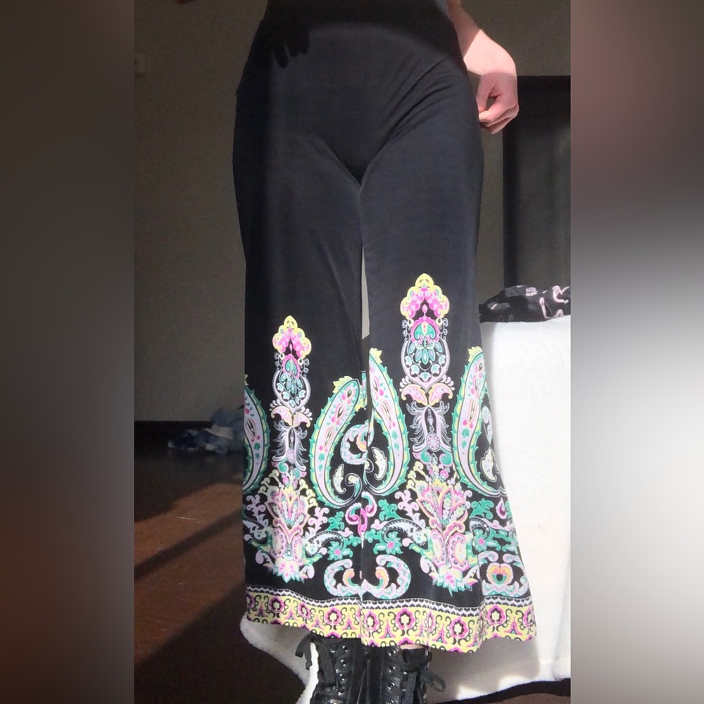 Black bell bottom leggings with colorful mandala design